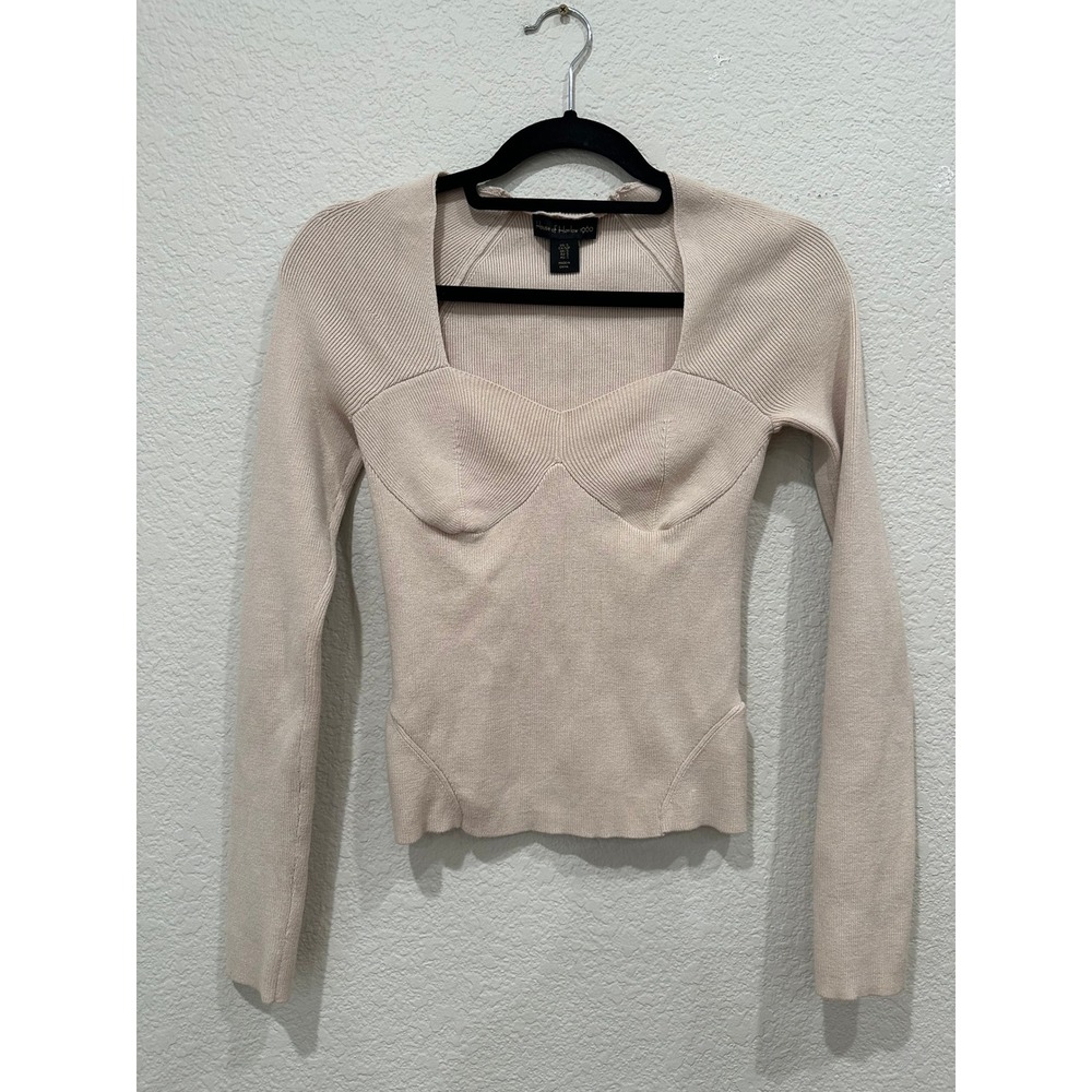 House of Harlow 1960 Beige Ribbed Bustier Sweetheart Neck Knit Top Small